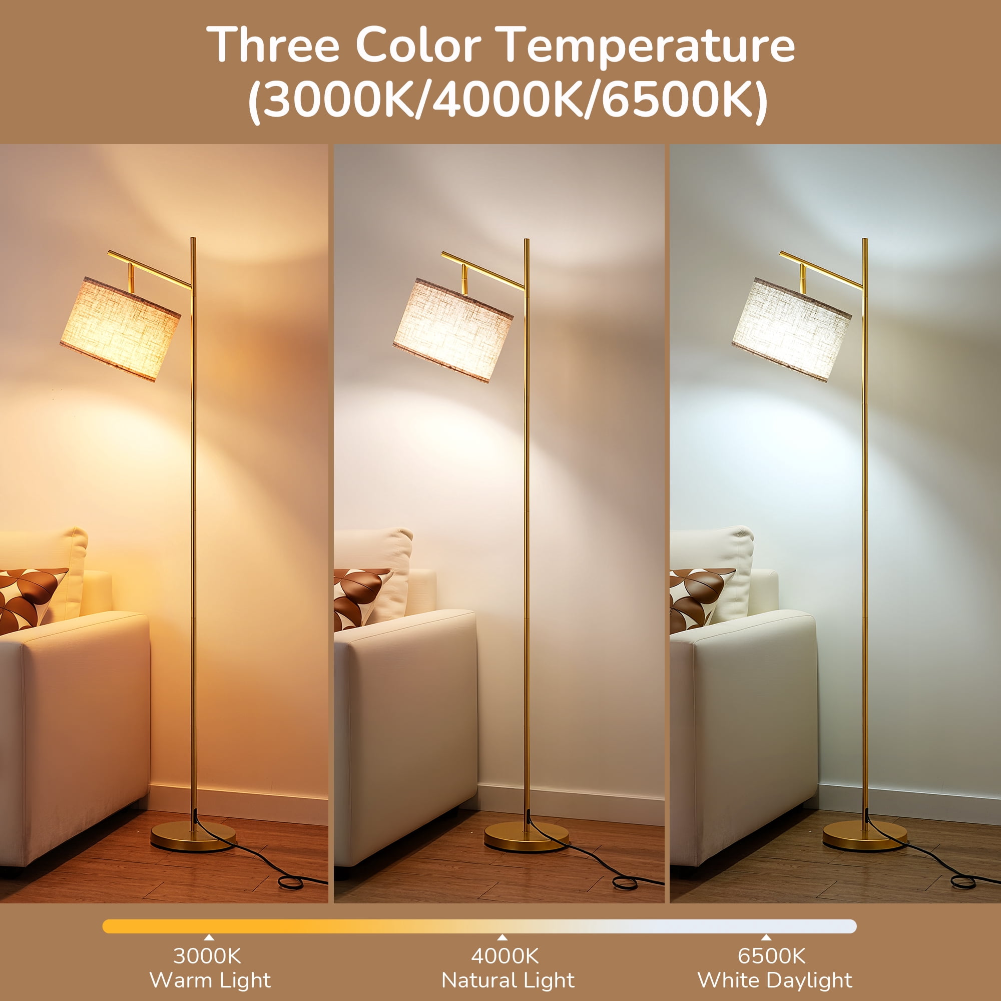 EDISHINE 64.7in Floor Lamps for Living Room, Metal Standing Lamp with Foot Switch for Bedroom, Office, Decor, Lighting, Golden