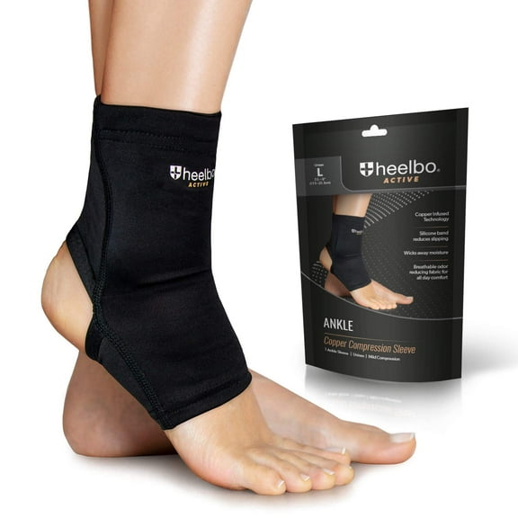 Heelbo Ankle Compression Sleeve and Compression Sock Made with Copper Infused Fibers and Breathable Fabric for Planter Fasciitis, Achilles Tendonitis or Arch Support, Black, Large