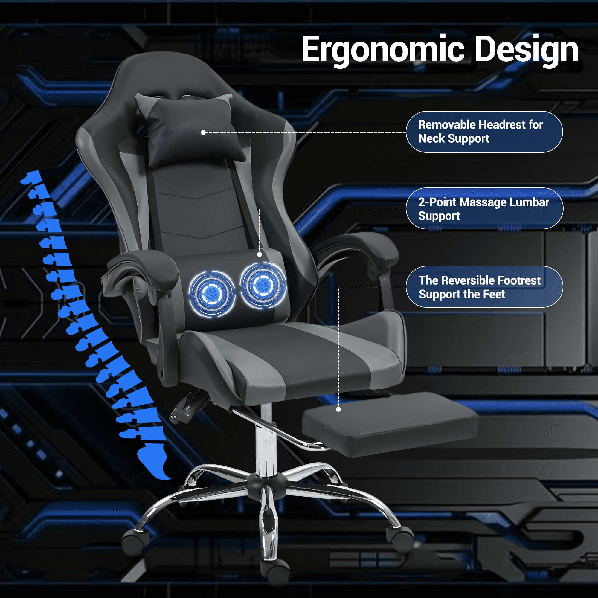 WENTUM Gaming Chair with Massage Lumbar Support Ergonomic Video Game Chair for Adults, Adjustable Headrest & Footrest, 90-135° Recline, 360° Swivel, Grey