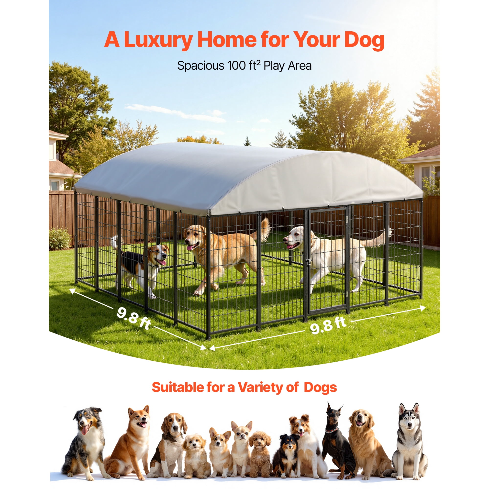 KFFKFF Outdoor Dog Kennel, 9.8 x 9.8 x 5.4 ft Spacious Pet Enclosure with Secure Lock, Durable Dog Cage with UV-Resistant and Waterproof Roof Cover, Sturdy Outdoor Run for Large Pets