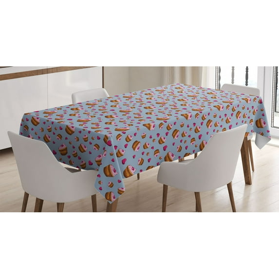 Cupcake Tablecloth, Valentines Day Cakes with Heart Frosting Gourmet Bake Graphic Art, Rectangle Satin Table Cover Accent for Dining Room and Kitchen, 60" X 90", Multicolor, by Ambesonne