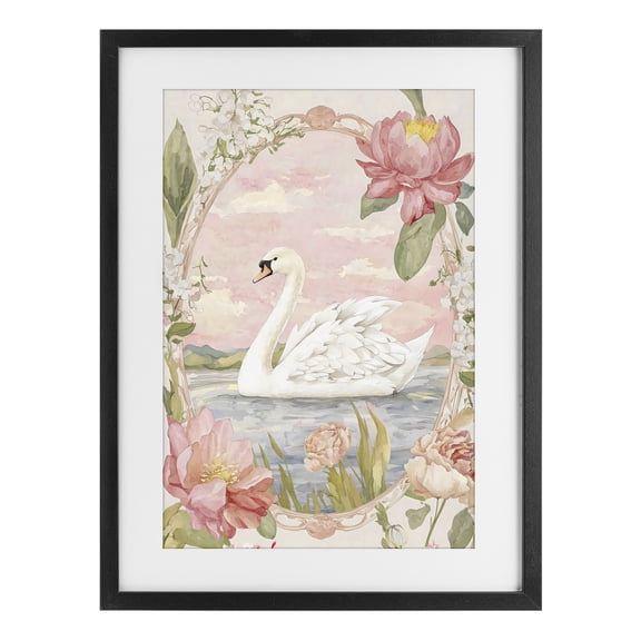 Stupell Industries Shabby Chic Floral Border Swan in Bloom Black Framed Print Under Glass, 14 x 20, by Creative Studio