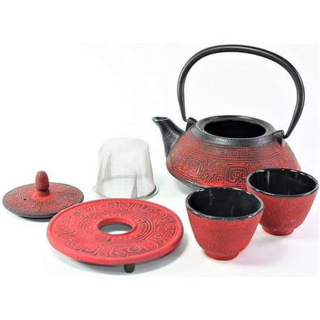 Design 24 Ounce Teapot - Japanese Antique 24 Fl Oz Red Archaize Japanese Cast Iron Teapot Tetsubin with Infuser Tea Set with Trivet -D