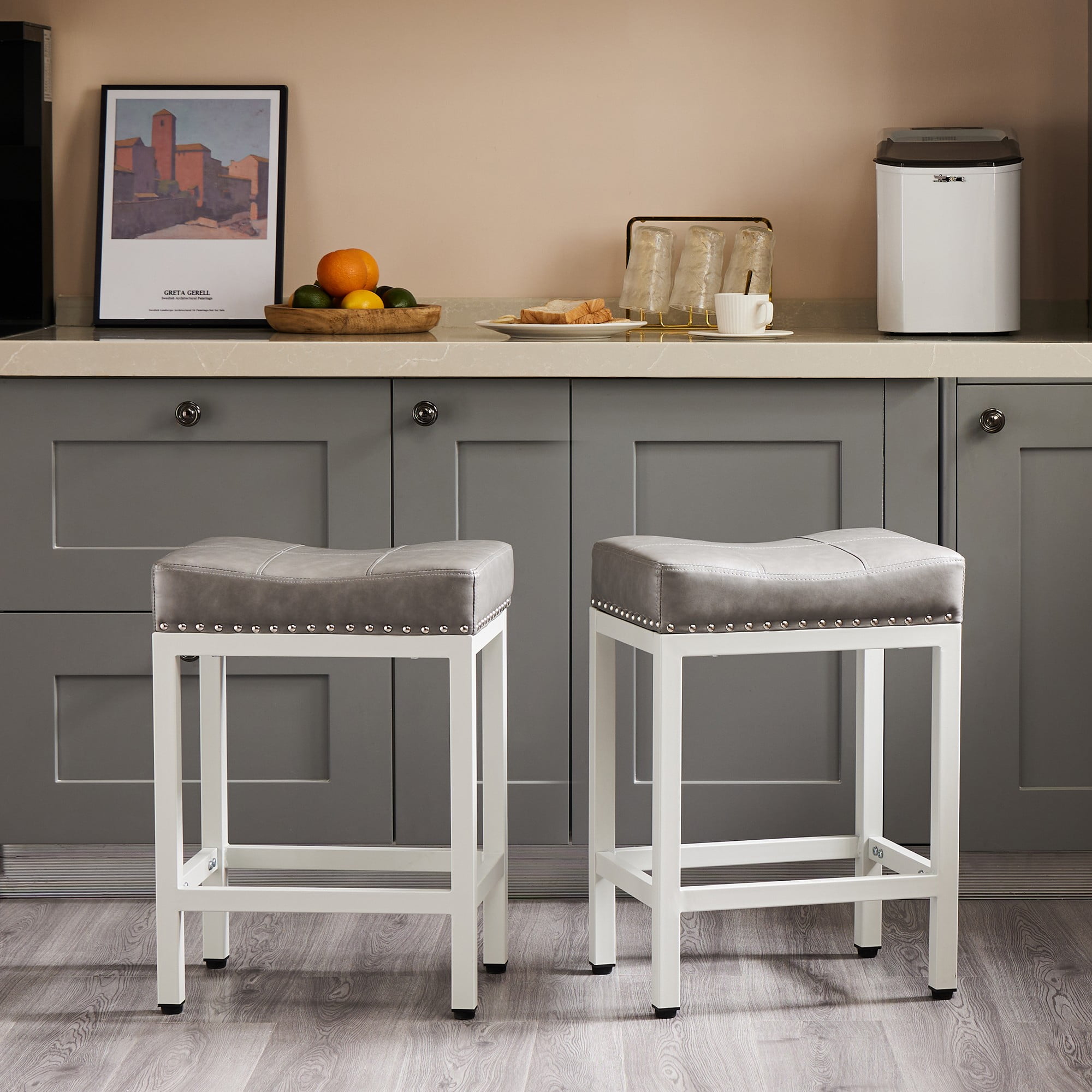 CONCETTA Set of 2 Bar Stools - 24" Counter Height, Metal Base & PU Leather Seats, Gray