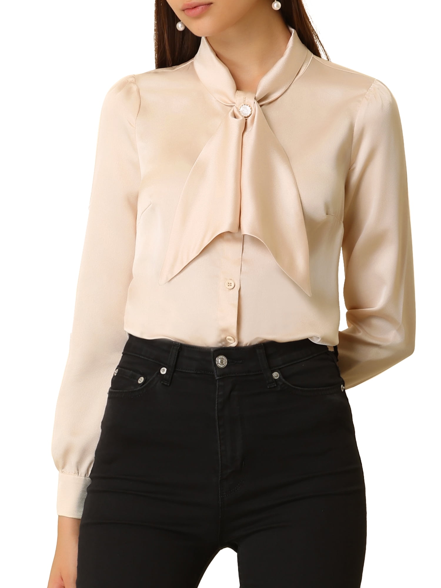 Elegant Women Embroidered Silk Satin Business Workwear Casual Tops Blouse Shirts