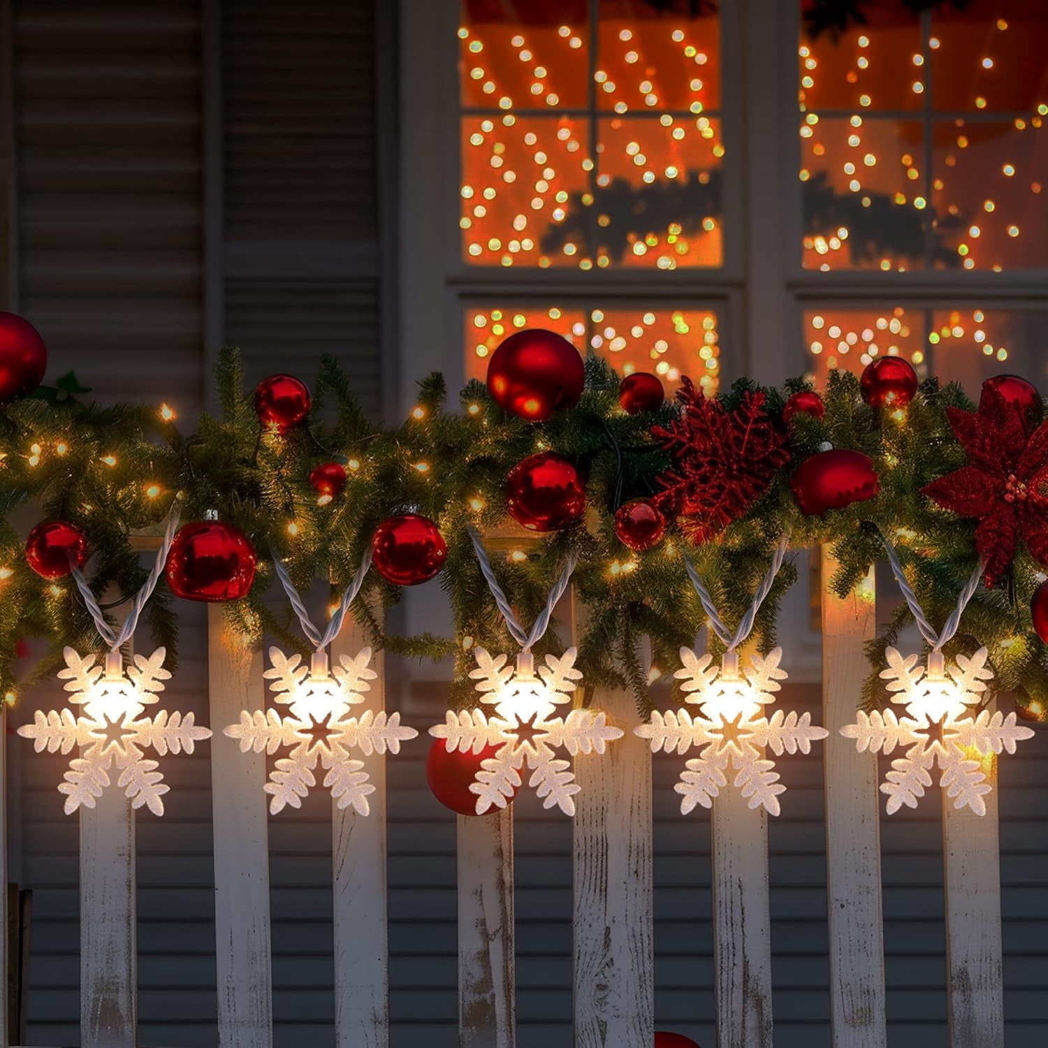 8FT Snowflake String Lights for Christmas Decoration, 10 Glitter Snowflakes Indoor Outdoor Winter Tree Bedroom Home Decoration, Warm White