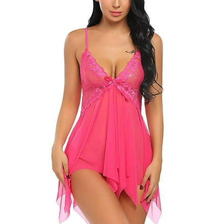 

Women Sexy Lingerie Set Solid Color Lace Spaghetti Straps V-neckline Night Dress + G-string Suit Night Pajamas Set