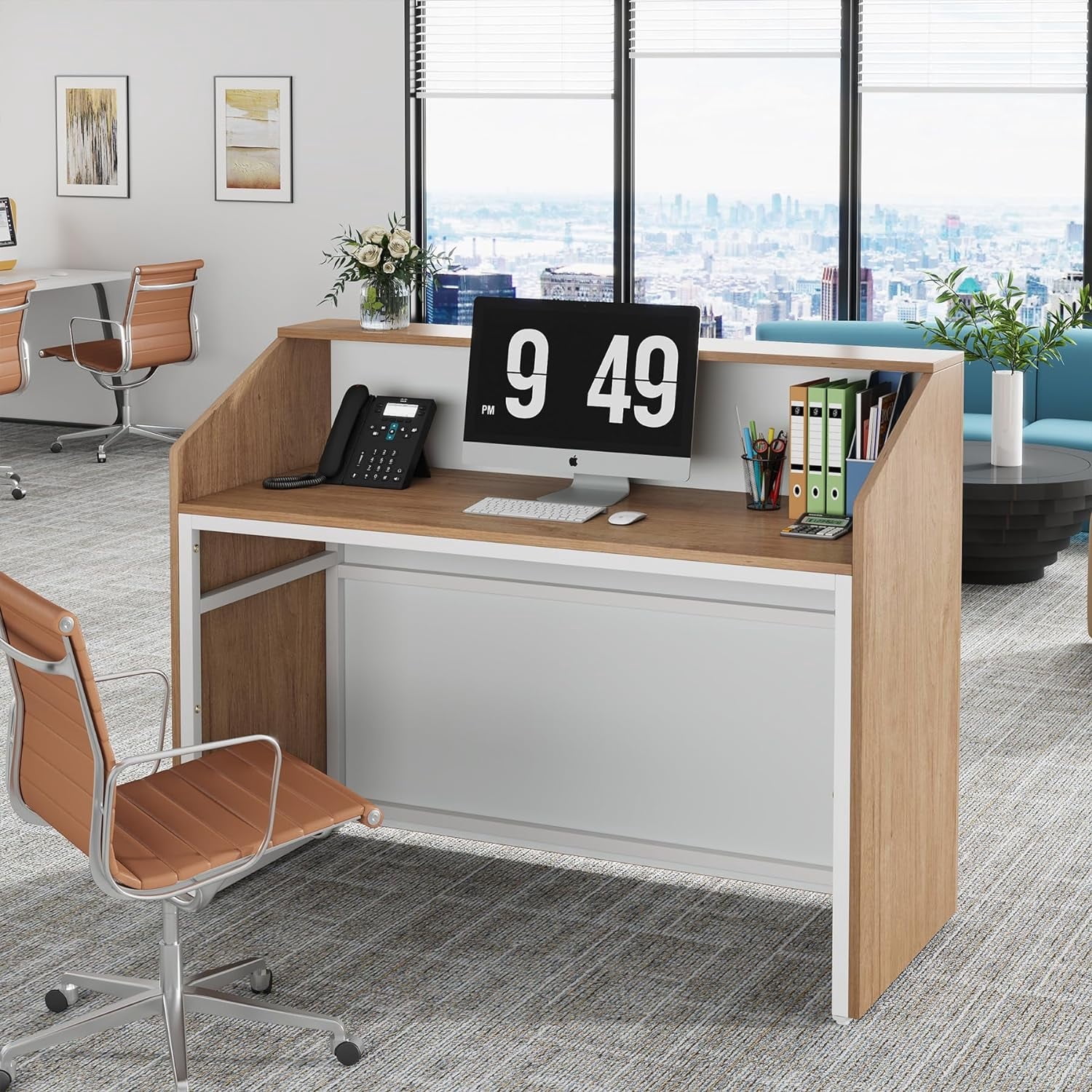 Tribesigns 47" Front Desk, Wood Reception Desk Retail Counter for Salon, Home Office, Oak