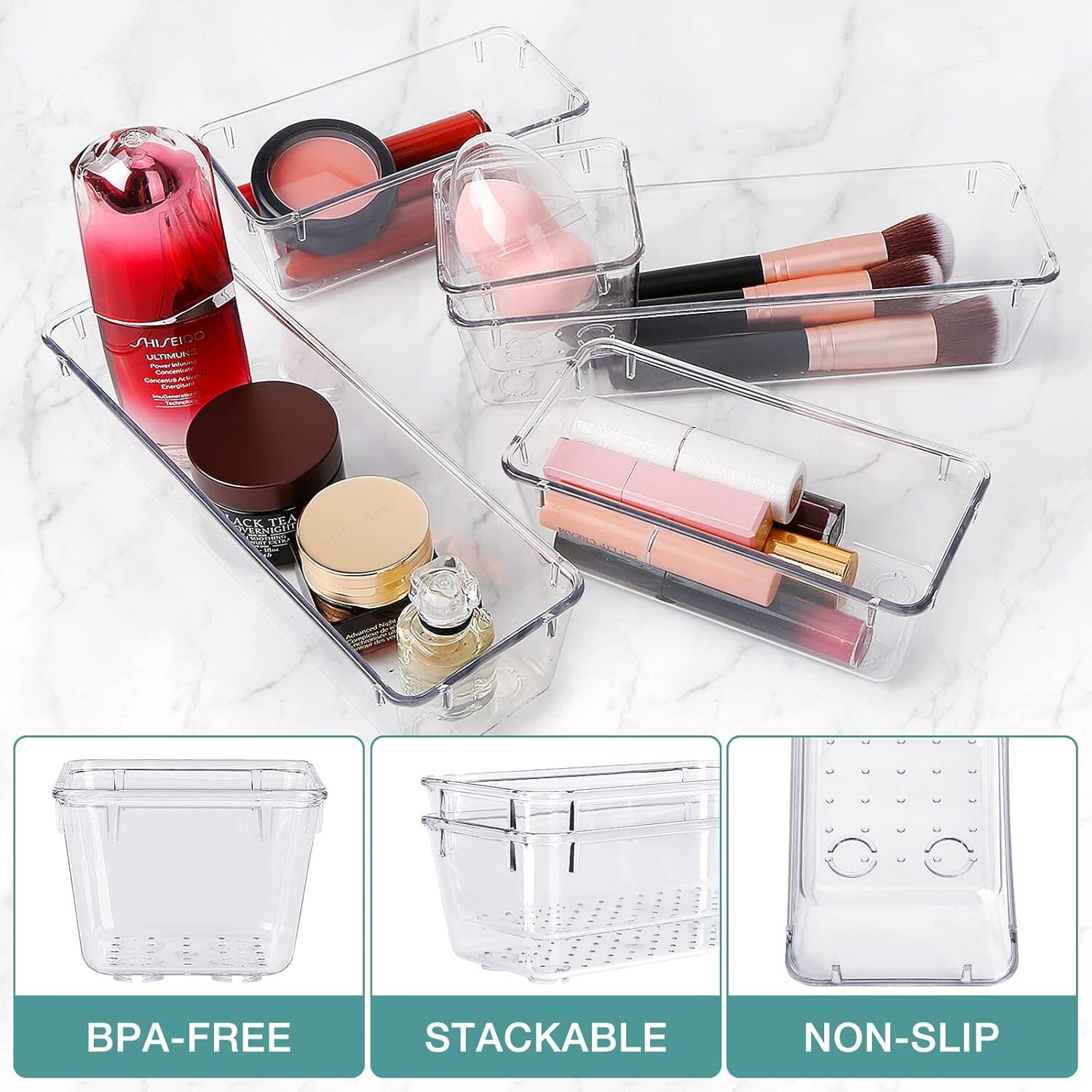 GoXteam Drawer Organizer, 8 Pack Large Clear Plastic Kitchen Drawer Organizers Set, 1 Size Versatile Bathroom and Vanity Drawer Organizer Trays, Storage Bins for Makeup, Bedroom, Kitchen Utensils