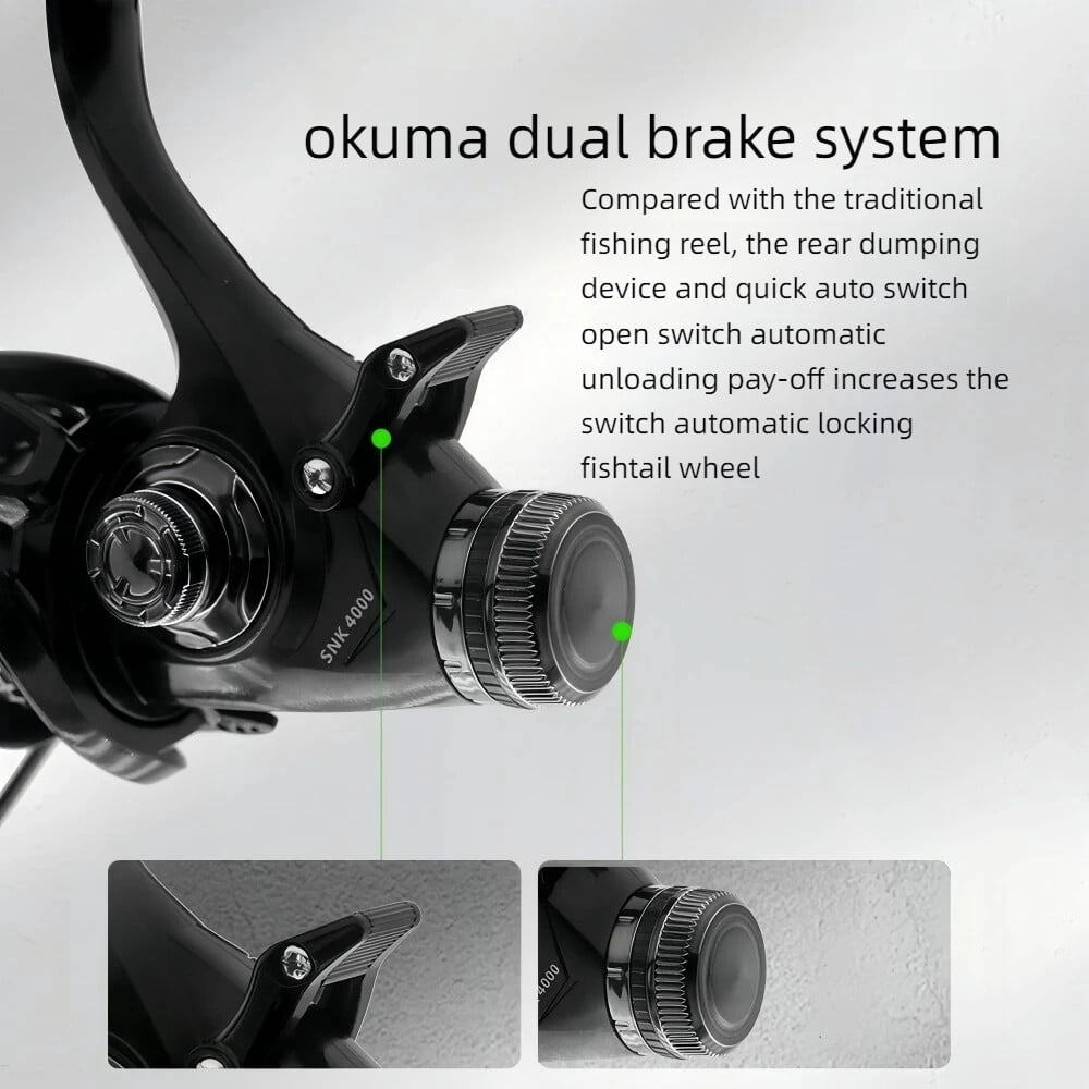 Front and rear brake dual release Speed ratio5.2:1 Fishing Reel spinning wheel