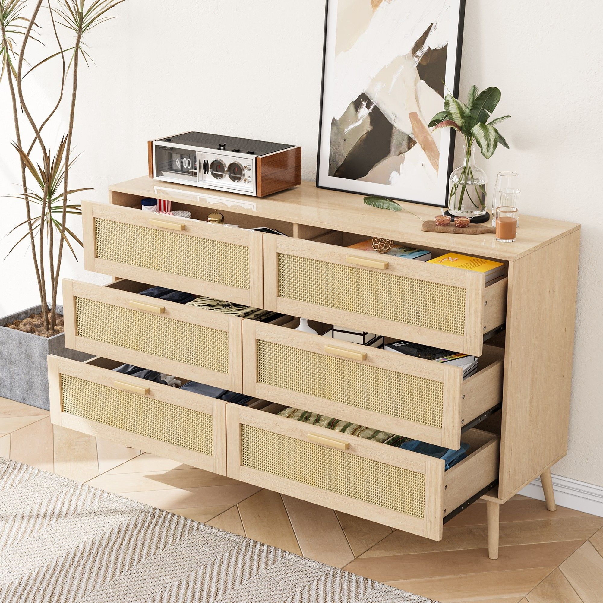 Finihen Rattan 6 Drawers Chest of Dressers, Modern 6 Drawer Dresser, Wide Chest of Drawers with wood Handles, Rattan Dresser Storage Cabinet, for Living Room, Bedroom, Hallway, Natural