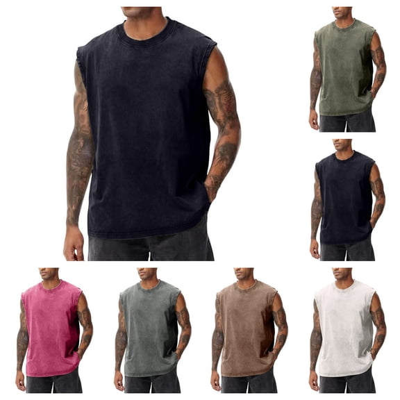 Mens Cotton Sleeveless Tank Tops Casual Cut Off Muscle Gym T Shirts Summer Vintage Running Beach Loose Fit Tees Black M