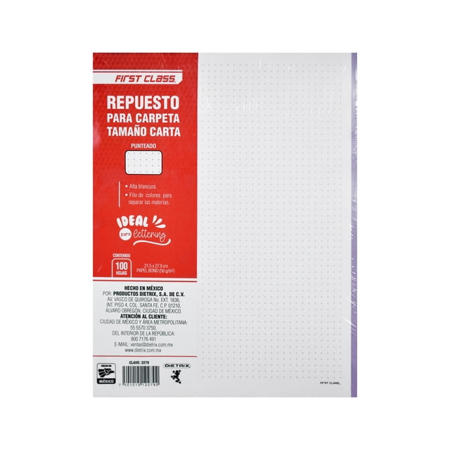 repuesto para carpeta first class punteado 100 hojas tamaño carta; vista frontal centrada del paquete First Class con etiqueta roja, hojas punteadas blancas de papel bond 56 g (100 hojas), filo de color visible en el lateral y esquinas redondeadas, adecuado para lettering, dibujo y manualidades.
