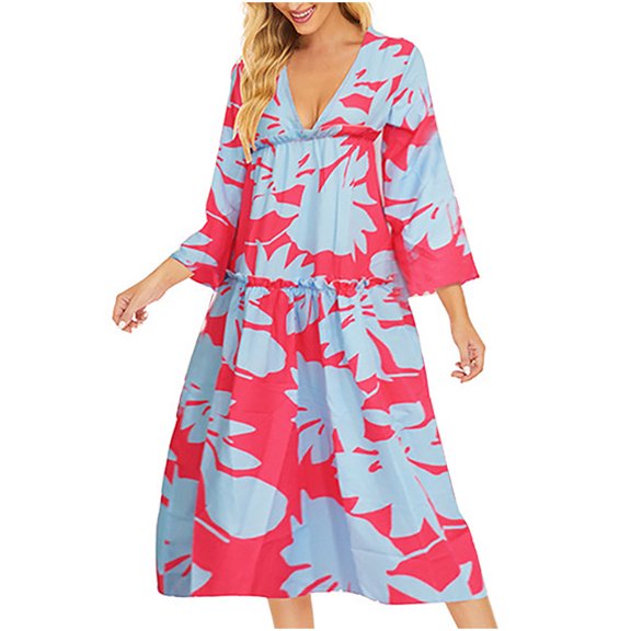 Wycnly Womens Dresses Beach Boho Loose Ruffle Layer Swing Sun Dresses 3/4 Sleeve V-Neck Heart Print Midi Summer Dress Watermelon Red S Clearance Clothes