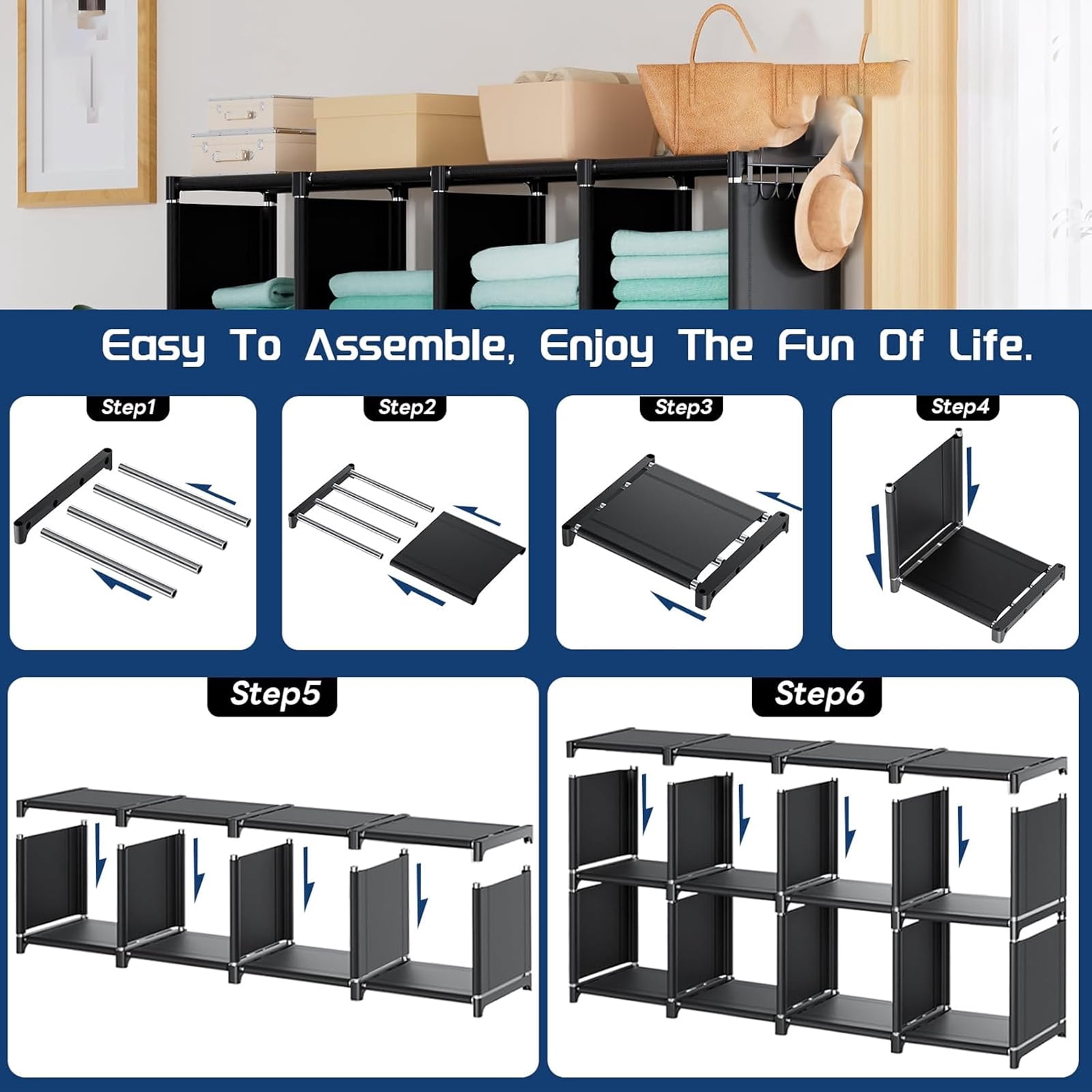 16 Cubes Ladder Bookcase Storage Rack, Bookshelf Bookcase Clothes Toys Storage Organizer Adjustable Standing Shelving Rack for Office Home Bedroom, Black