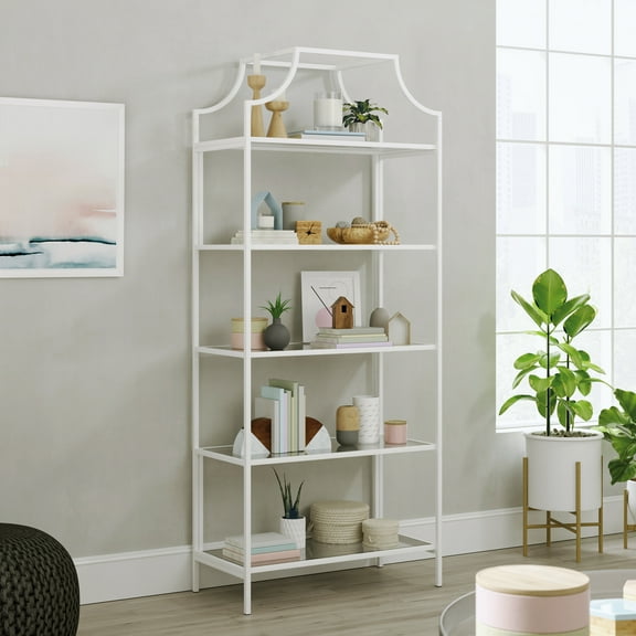 Sauder Anda Norr 5-Shelf Metal Framed Glass Bookcase, White Finish