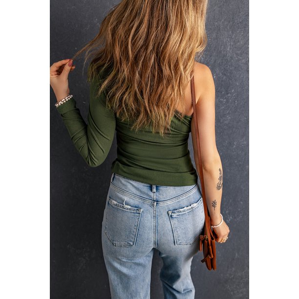 ABPHQTO Top verde de mujer de punto acanalado con abertura de una manga