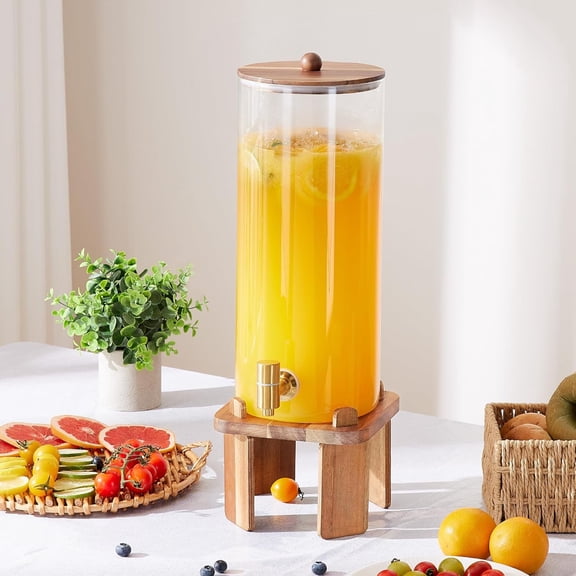2 Gallon Large Glass Beverage Dispenser with Wood Stand for Parties and Home Use