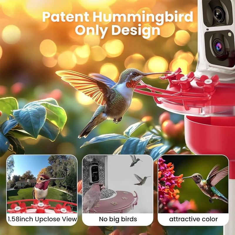 Soliom Smart Hummingbird Feeder Camera 2K Live & AI, Leak-Proof, Ant & Bee-Proof, Solar Powered, Outdoor Pole/Hook Hanging, 16oz, Red – Ideal Family Gift