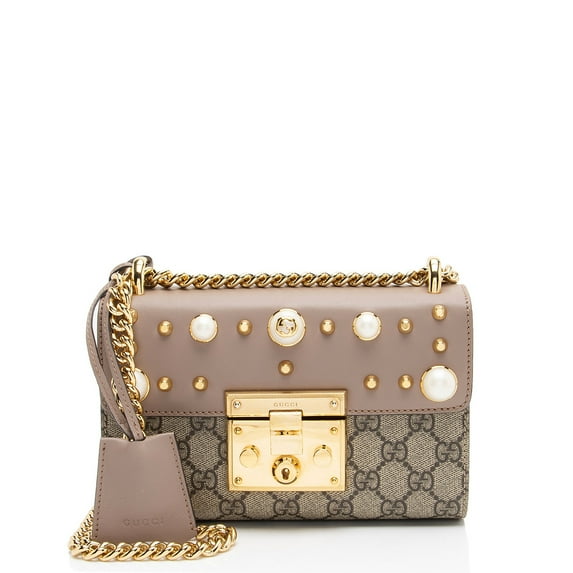 Pre-Owned Gucci GG Supreme Pearl Stud Padlock Small Shoulder Bag