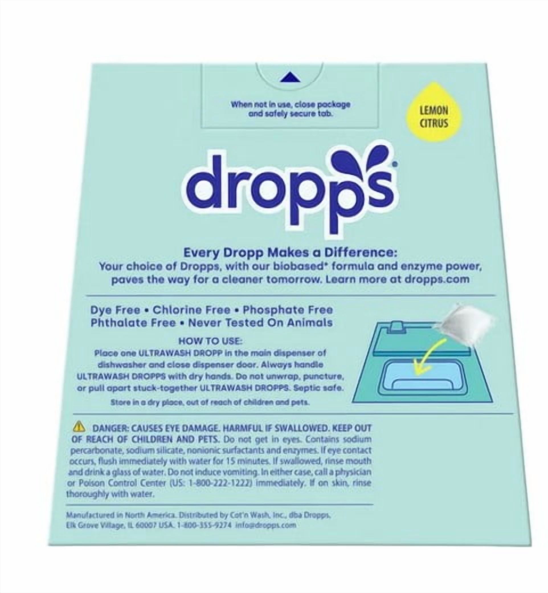 Dropps Ultrawash Biobased* Power Dishwasher Detergent Pacs, Lemon Citrus, 128-count