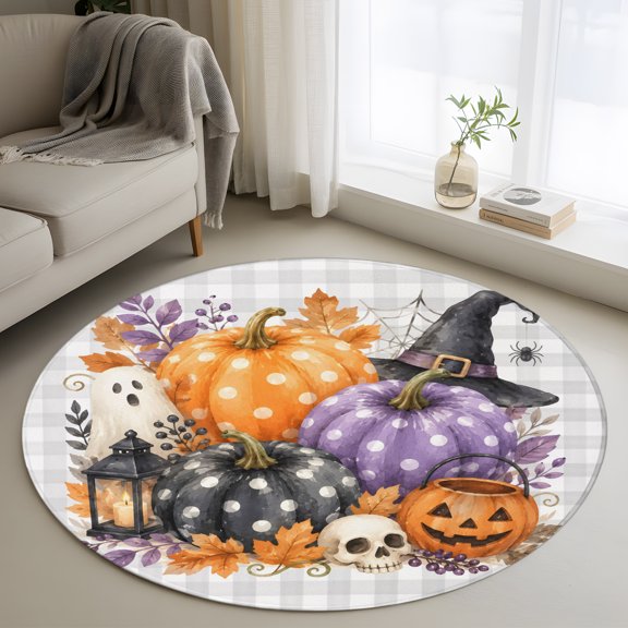 Halloween 3ft Area Rug, Scary Pumpkin Ghosts Maple Leaves Grey Lattice Washable Non-Slip Small Round Rugs for Entryway Bedroom Kitchen, Soft Circle Carpet for Dining Room, Playroom Nursery Rug