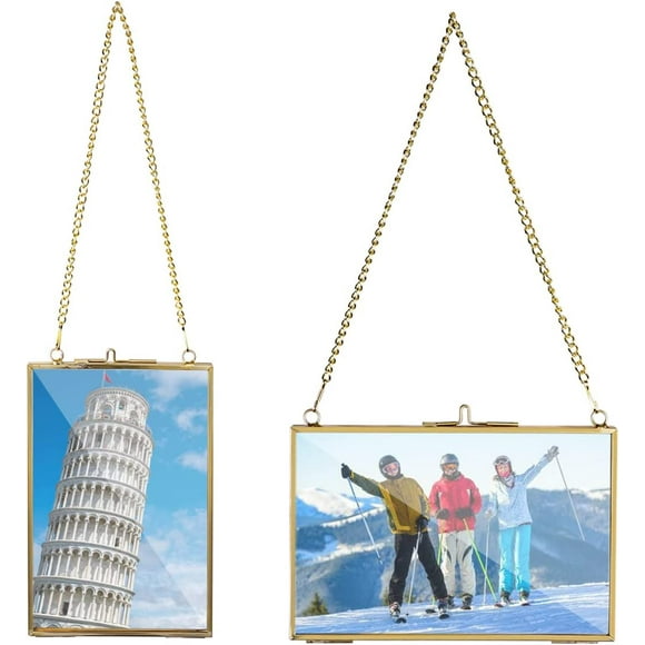 shiyou-2PCS 4x6 inch Golden Hanging Glass Frame for Pressed Flower, Double Glass Floating Picture Frame Brass Wall Photo Frame Artwork Display Frame Gallery Ornament Plant Frame for Home/Office Décor