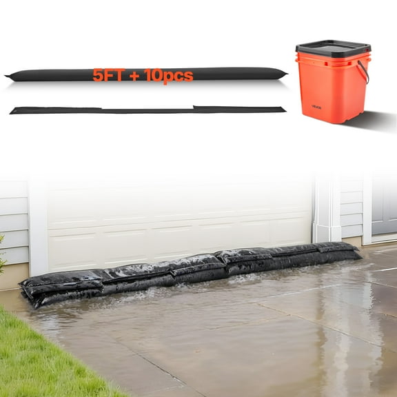 VEVOR Flood Barrier, 10 Pack, 5 x 0.7 ft Flood Bags with Bucket, Reusable Water Absorbent Barrier Activated by Water, Sandless Sandbags Blockage, Flooding Prevention Bags for Basement,Garage, Doorway