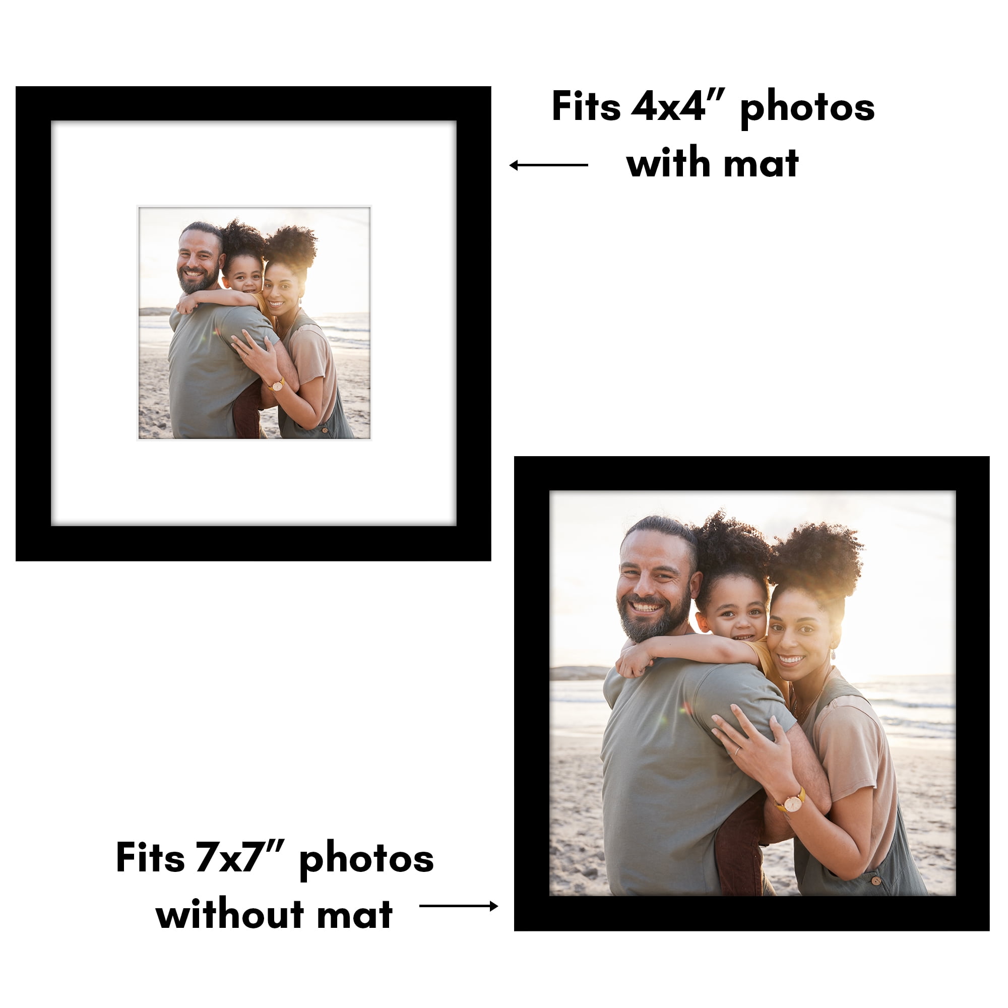 Americanflat 7x7 Picture Frame with Polished Plexiglass with 4x4 Mat 5 Pack Display Photo Galleria - Black