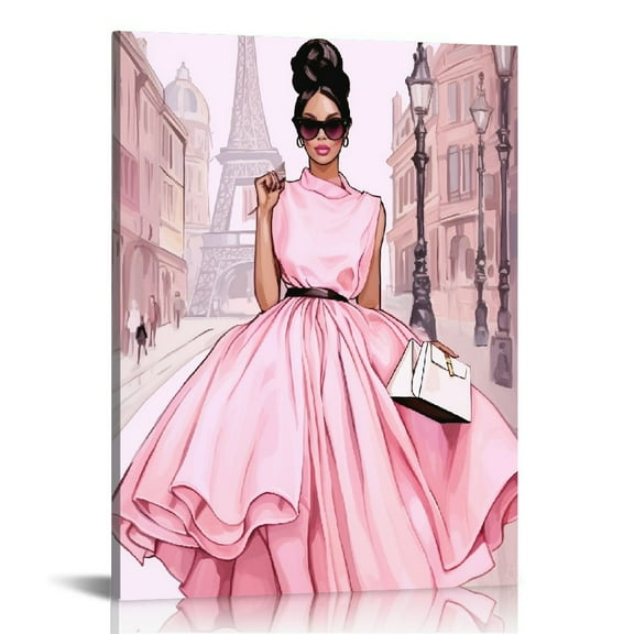 COMIO Black Girl Pink Canvas Wall Art African American Painting Wall Decor Fashion Women In Paris Eiffel Tower Pictures Modern Framed Prints Artwork for Room Bathroom Bedroom