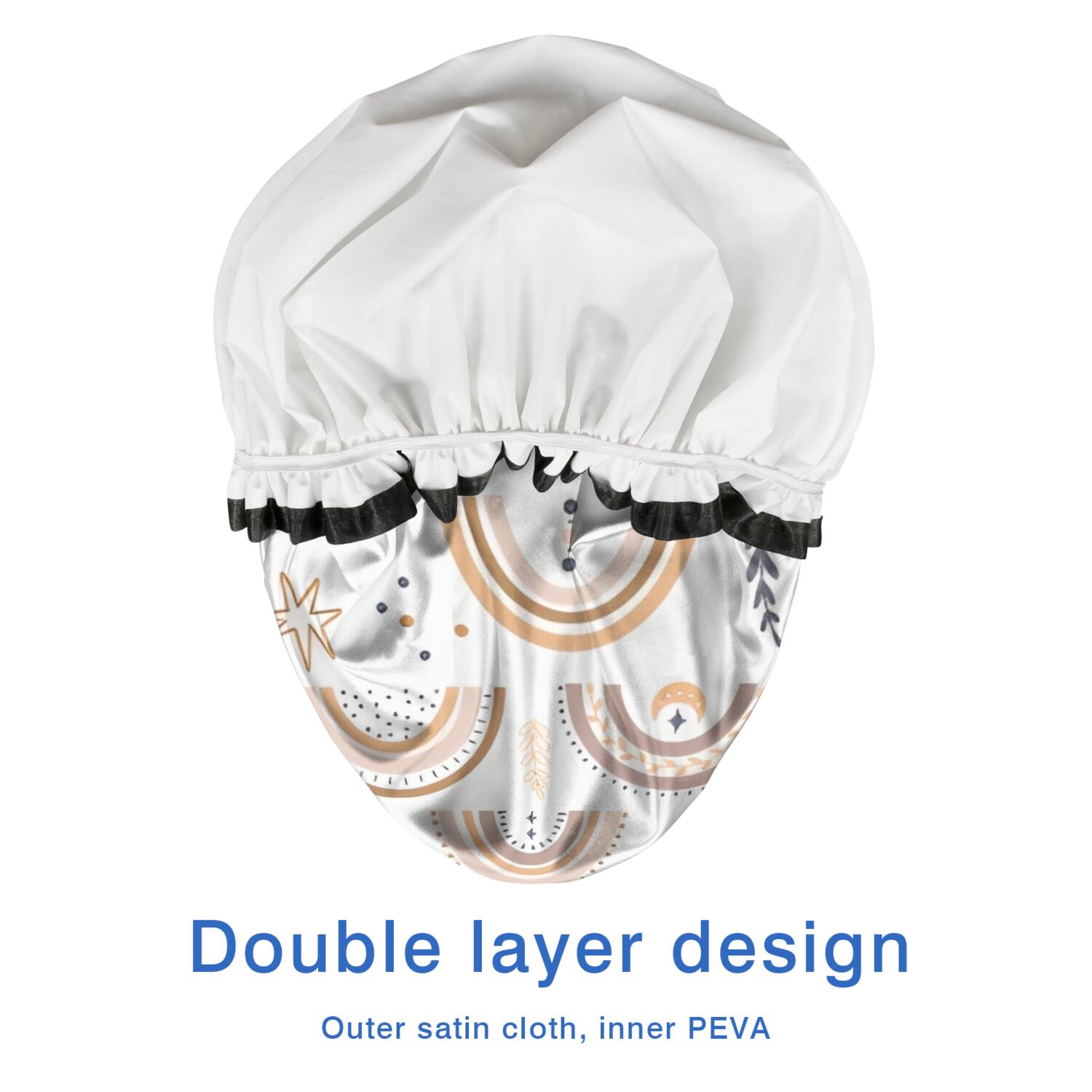 Shower Caps,White Boho Bohemia Rainbow Sun Moon Pattern Waterproof Shower Cap for Women 4 Pieces,Double Reusable Hair Cover for Shower PEVA Elastic Stretch Hem