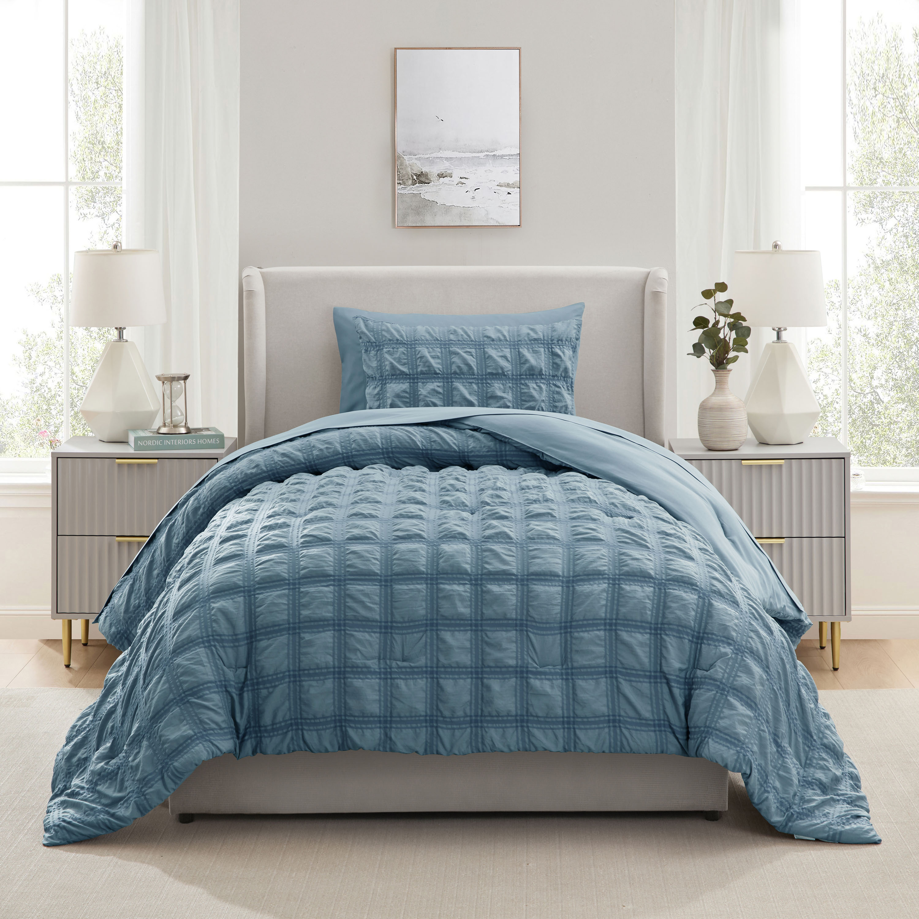 LammaLoe Twin Comforter Sets, 7 Piece Seersucker Bed in a Bag, Bedding Comforter Set with Sheets, Modern Bed Set, Stone Blue