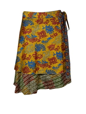 Mogul Women Vintage Silk Sari Magic Wrap Skirt Reversible Printed 2 Layer Beach Wear Short Skirts One Size