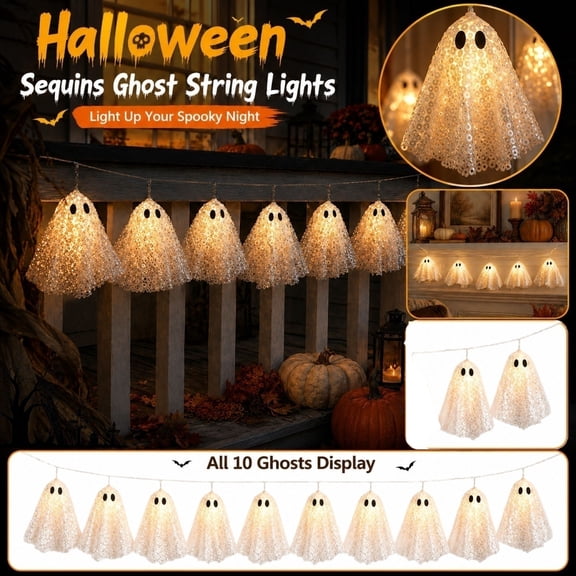 GoLucid Halloween Sequin Ghost String Lights 10 Ghosts 78.7in, Warm LED Lace Ghost Fairy Lights Garland, Indoor Outdoor Party Decor