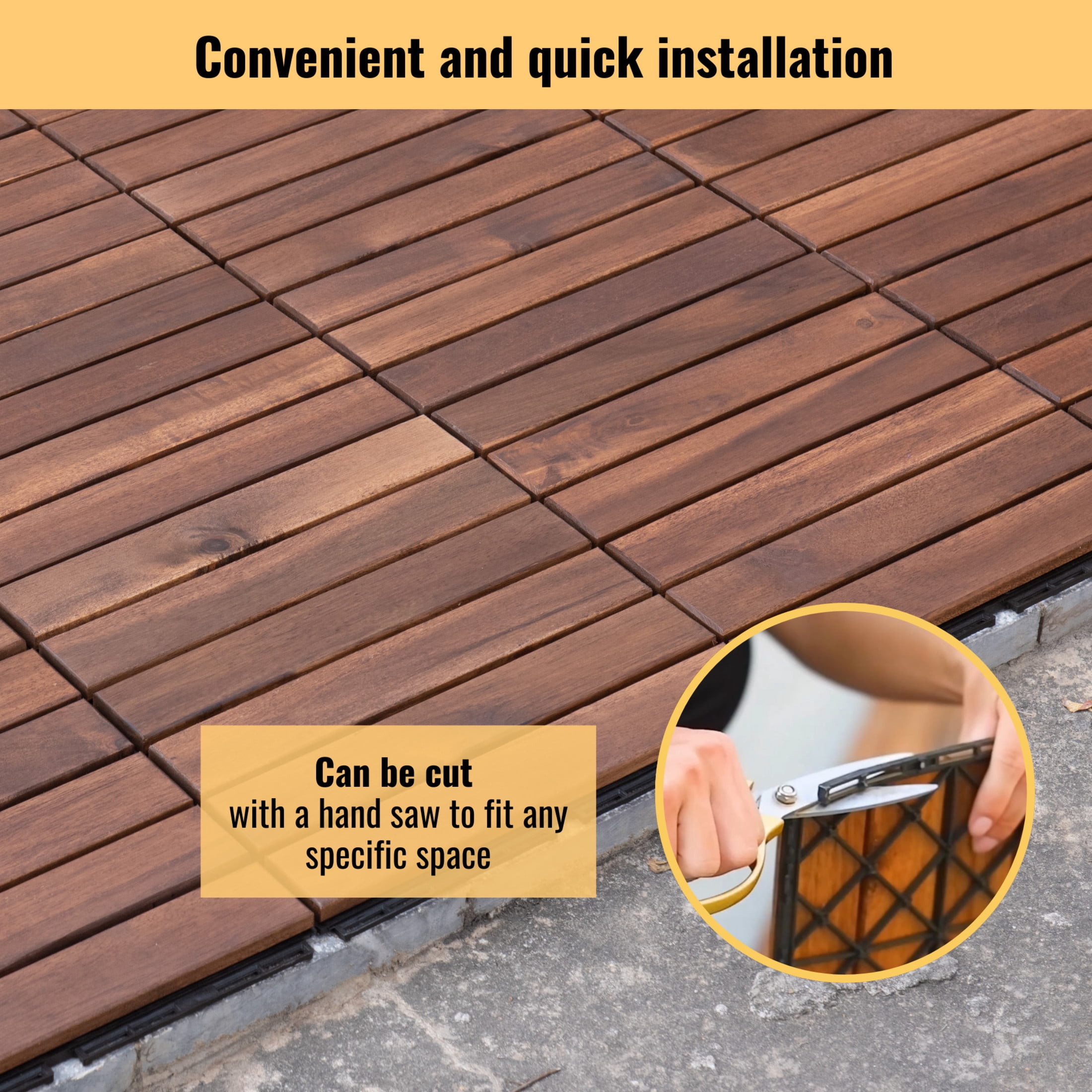 Noble House 12" Striped Acacia Wood Interlocking Square Deck Tiles, Weather Resistant Outdoor Flooring, Brown, 20 PCS