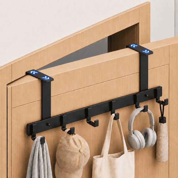Adjustable Over The Door Hooks with 6 Heavy Duty Hanger, Fits 0.87–2.28 In Doors, No Drill Door Organizers for Coats Bags Towels (Black)
