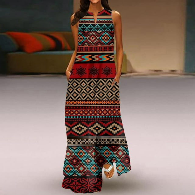 Robe de Plage Mode Femmes Décontractée Col en V Imprimée Robes d'Été Sans Manches Robe à Enfiler Robes de Cocktail pour Invité de Mariage en Liquidation