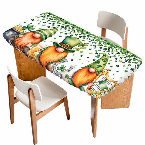 St. Patrick's Day Table Cloths for 5 Foot Rectangle Tables, Lucky Shamrocks Harp Beer Spring Plants Patio Waterproof Elastic Fitted Tablecloths, Washable Rectangular Table Cover for Camping