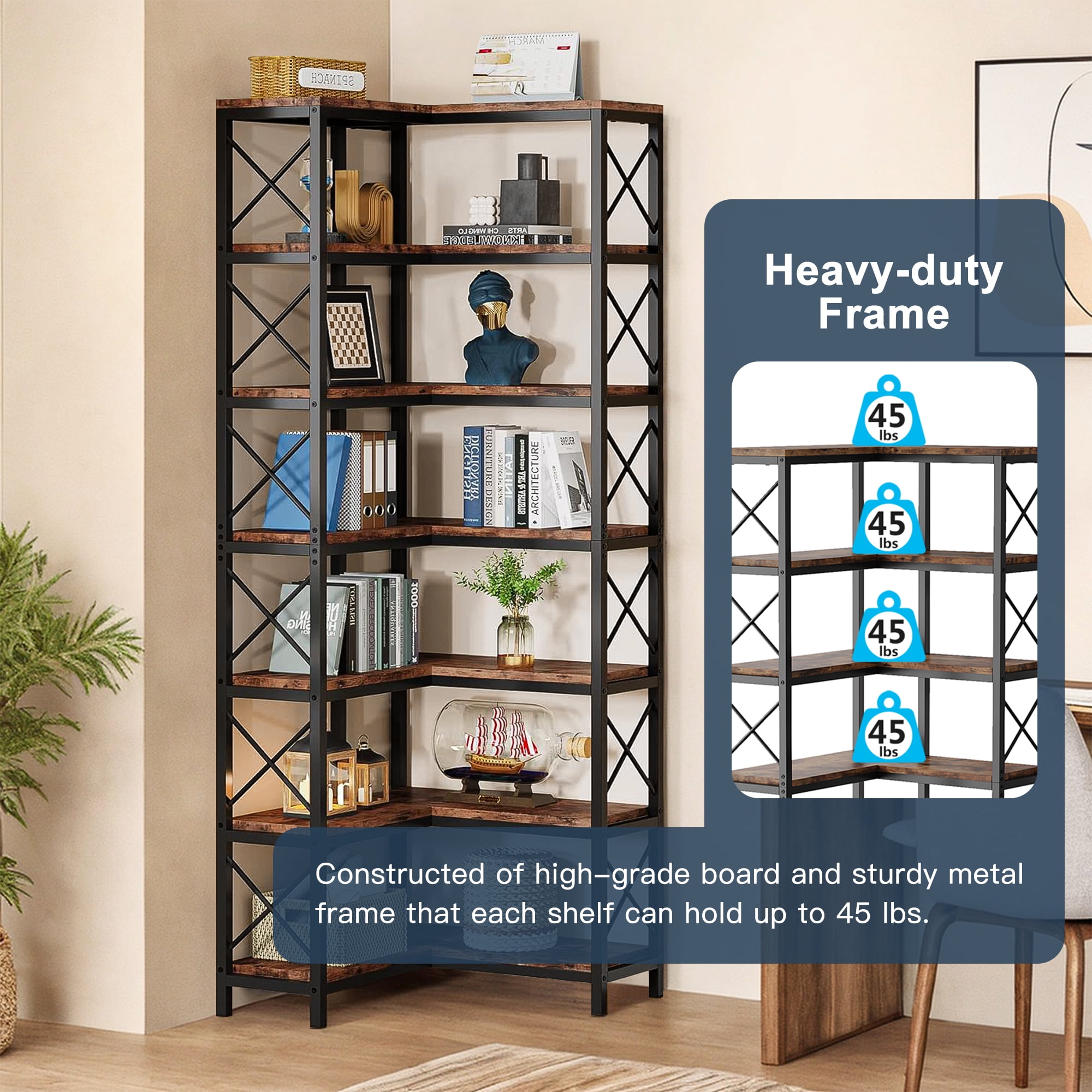 Demi Bonn 7 Tier Corner Bookshelf, Bookshelves, Open Etagere Bookcase Shelf Storage Organizer, Storage Shelving Unit for Bedroom, Living Room and Home Office, Brown