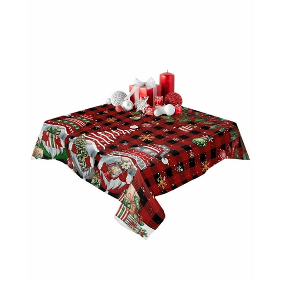 Square Tablecloth 54 x 54 Inches Christmas Gnomes Holly Leaves Snowflakes Red Plaid Waterproof & Stain Resistance Table Cloth Decorative Fabric Table Cover for Dinning/Party/Buffet/Banquet