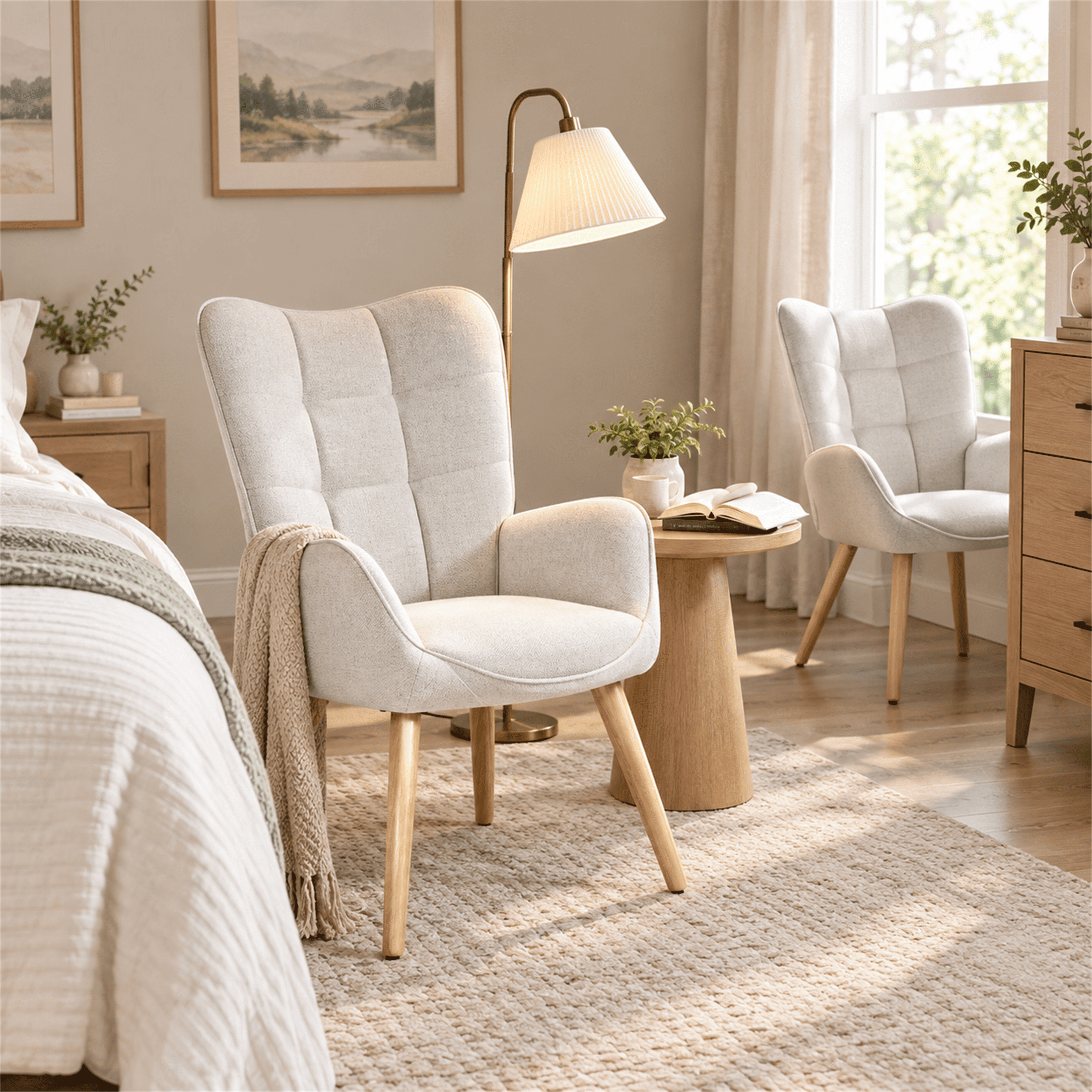 Homy Casa Set of 2 Ivory Fabric High Back Accent Chairs with Armrests for Living Room and Bedroom