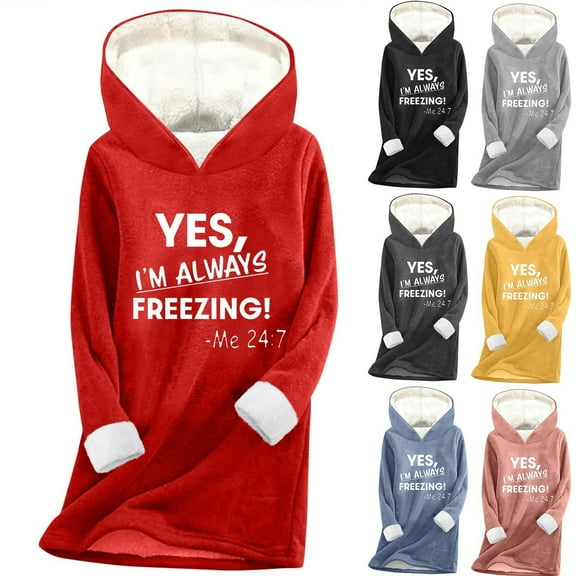 Crunowin Fleece Lined Hooide for Women, Long Sleeve Hooded Sweatshirts Letter Print Pullover Tops Red L