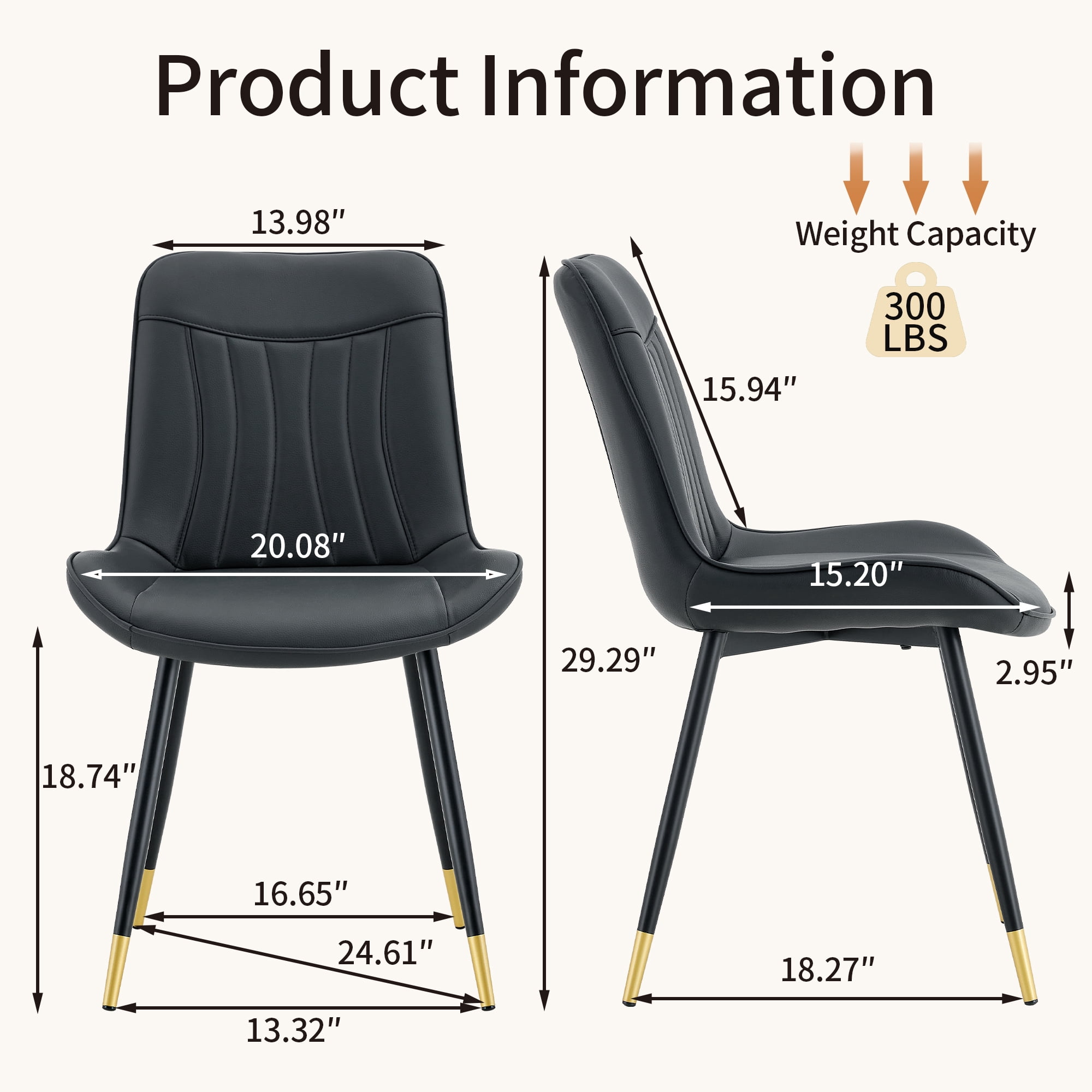 Leumius Dining Chairs Set of 4, Tech Fabric Upholstered Dining Chairs with Semi-Gloss Black Metal Legs, Gold-Trimmed Adjustable Non-Slip Feet, Vertical-Stitched High Back for Dining Room Black