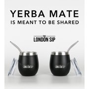 London Sip Yerba Mate Cup and Bombilla Set, Includes 2 Gourds (8 oz each), Spill Resistant Lids, Straws, Bombilla Brush and Pouch Included, Black
