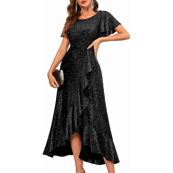 AURA Plus Size Women Sequin Formal Party Dress Flutter Short Sleeve Wedding Cocktail Long Evening Dress
