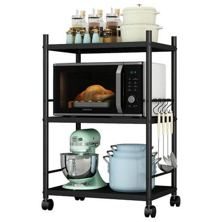 Kitchen Bakers Rack 3-Tier  Shelving Unit Heavy Duty Metal Storage Shelves  Microwave Oven Stand Rack with Wheels  Free Standing Kitchen Storage Shelf Rack (Black  3-Tier)