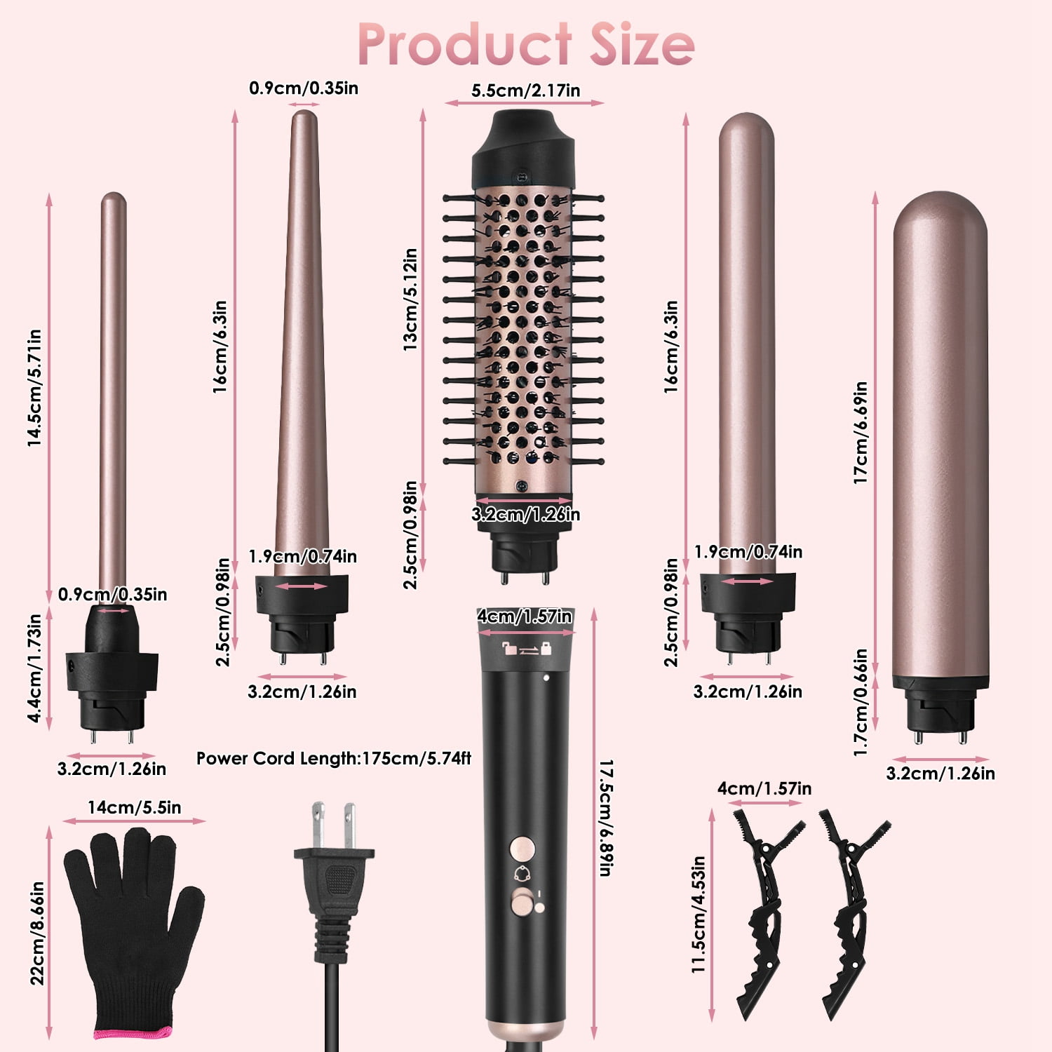 Moclever 5 in 1 Hair Curling Wand, Thermal Brush Curler with 4 Heating Levels 360° Rotatable Cable 1H Auto off, 5 Interchangeable Barrels 2 Clips, Rose Gold