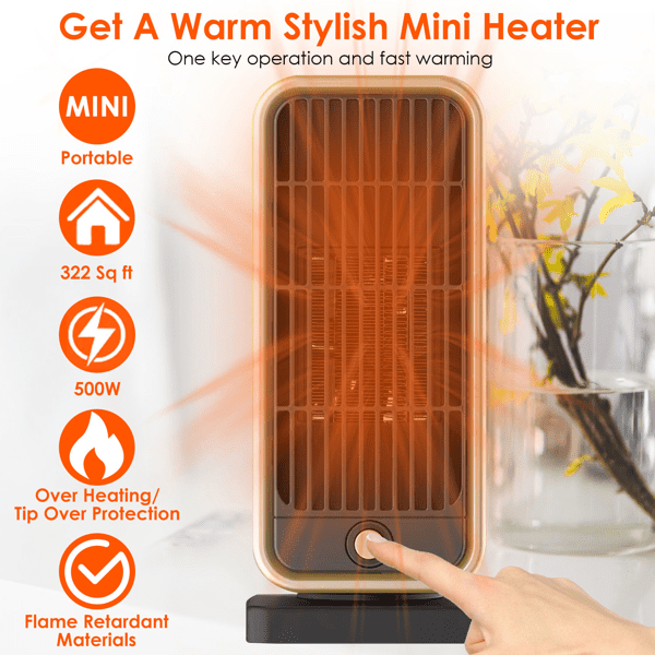 Indoor Portable Ceramic Space Heater, Ceramic Space Heater, Overheat & Tip‑Over Auto Shut‑Off, Lightweight Desktop Heater for Home, Bedroom and Office Spaces
