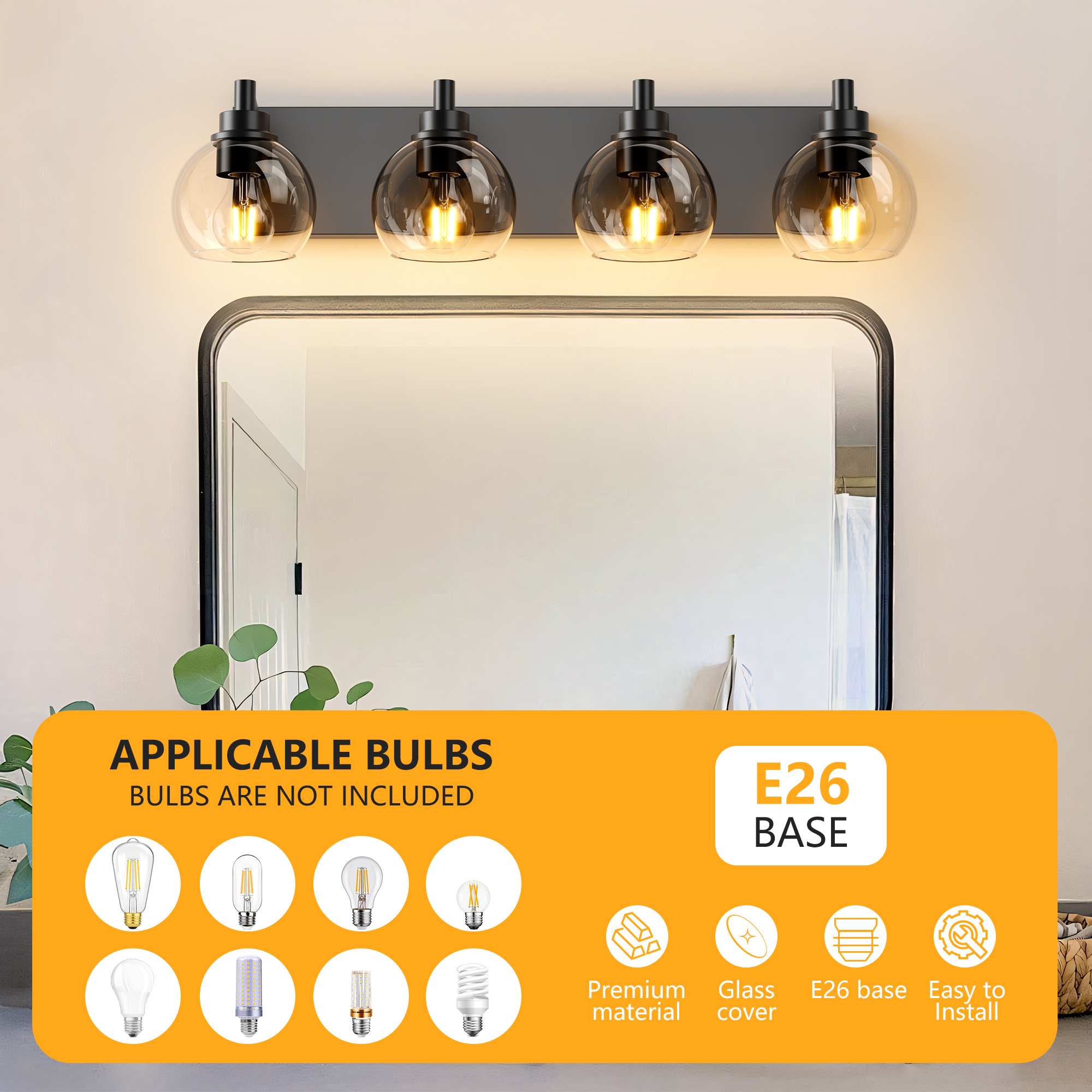 Leumius Farmhouse Bathroom Vanity Light Fixtures, 4-Light Bathroom Light Fixtures Over Mirror, Rustic Sconces Wall Lighting with Glass Shade for Living Room, Bedroom, Hallway