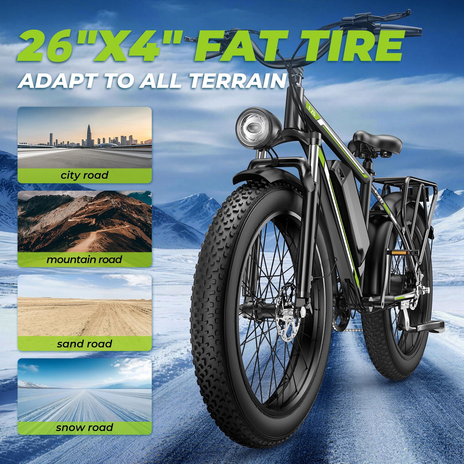Electric Bike for Adults, 26*4.0 Fat Tire E-Mountain Bicycle,Peak 1500W Motor 48V 15.6Ah 7-Speed Ebike UL2849